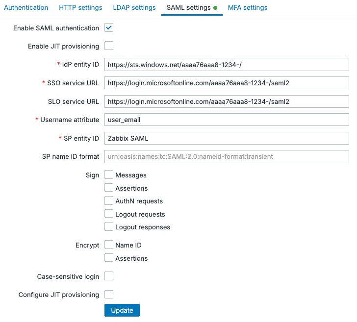 Microsoft Entra ID - Zabbix basic SAML configuration