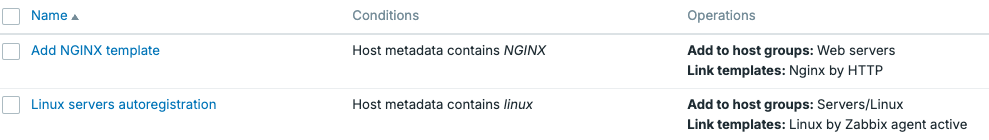 Zabbix Agent autoregistration action list