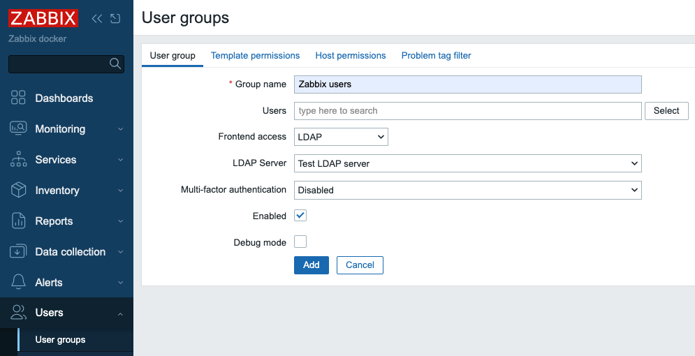 Add user group in zabbix