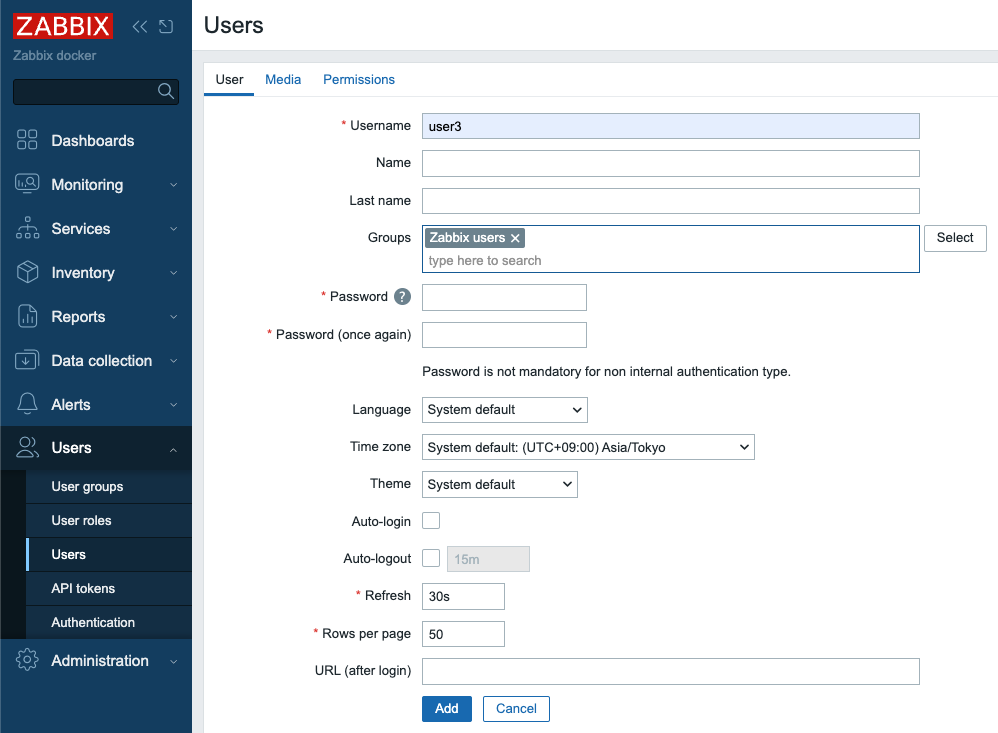 Add user in Zabbix